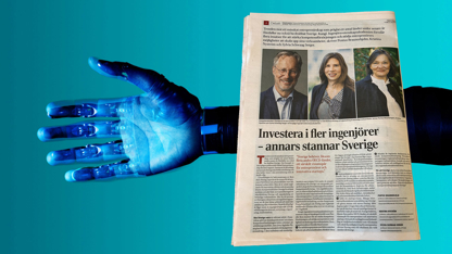 robothand och papperstidning med tryckt debattartikel