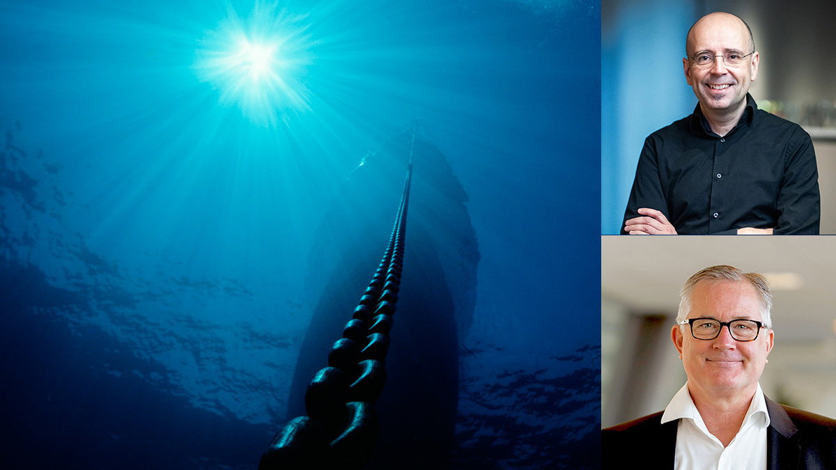 Kollage porträtt och båt ur undervattensperspektiv